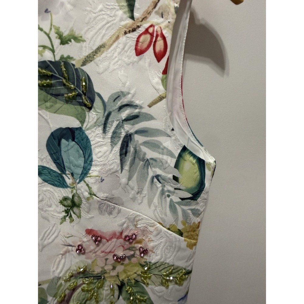 Fashion Classics White Floral Bird Jacquard Beaded Sleeveless Shift Dress Large - Picture 2 of 9